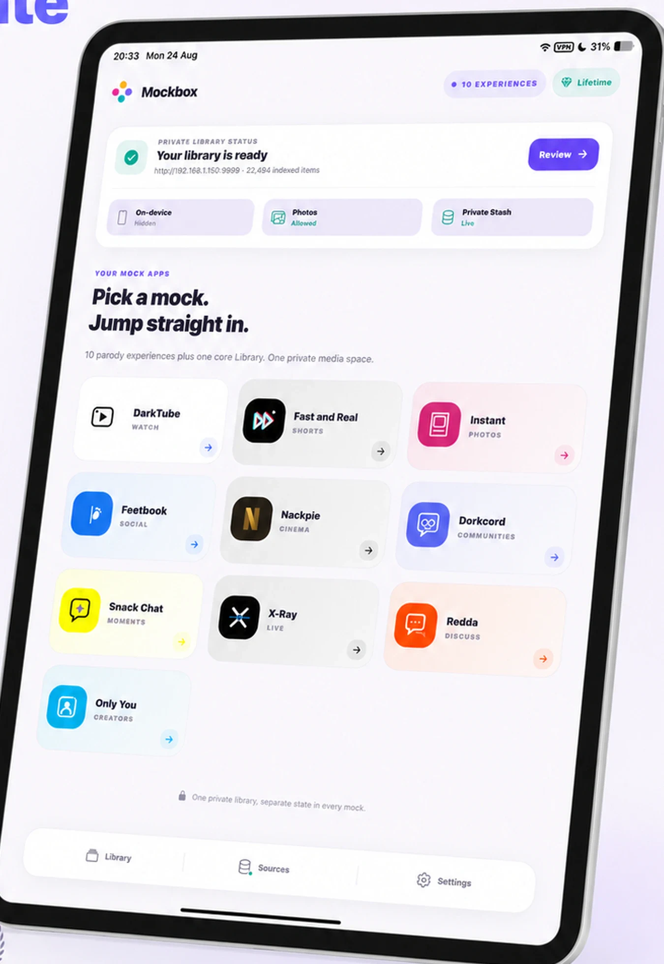 Mockbox launcher on iPad with all ten private media experiences